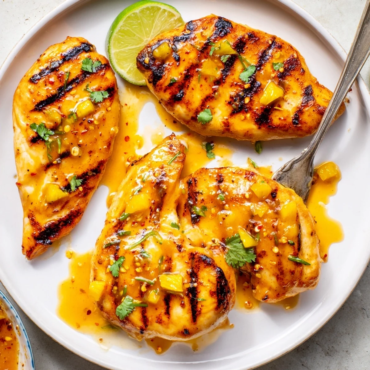 Key West Grilled Chicken With Tropical Citrus Marinade sliced, juicy interior, lime wedges nearby.