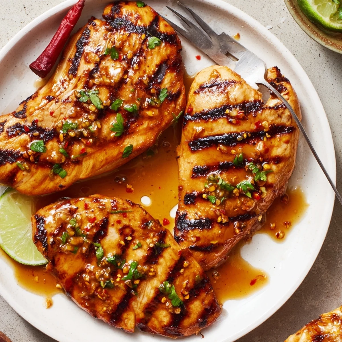 Key West Grilled Chicken With Tropical Citrus Marinade showing smoky grill marks, mango salsa.