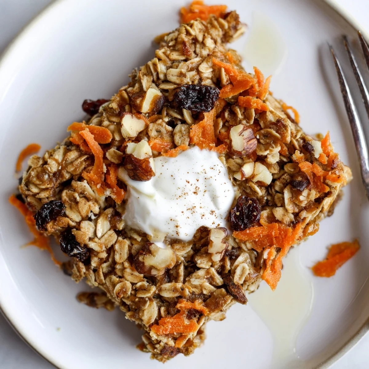 Slice of Carrot Cake Baked Oatmeal on plate, soft yogurt dollop