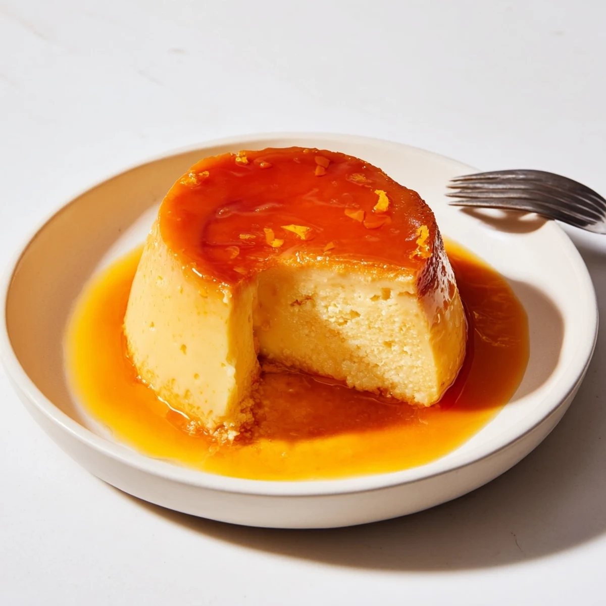 Flan Napolitano with glossy amber caramel, silky custard, sliced and chilled