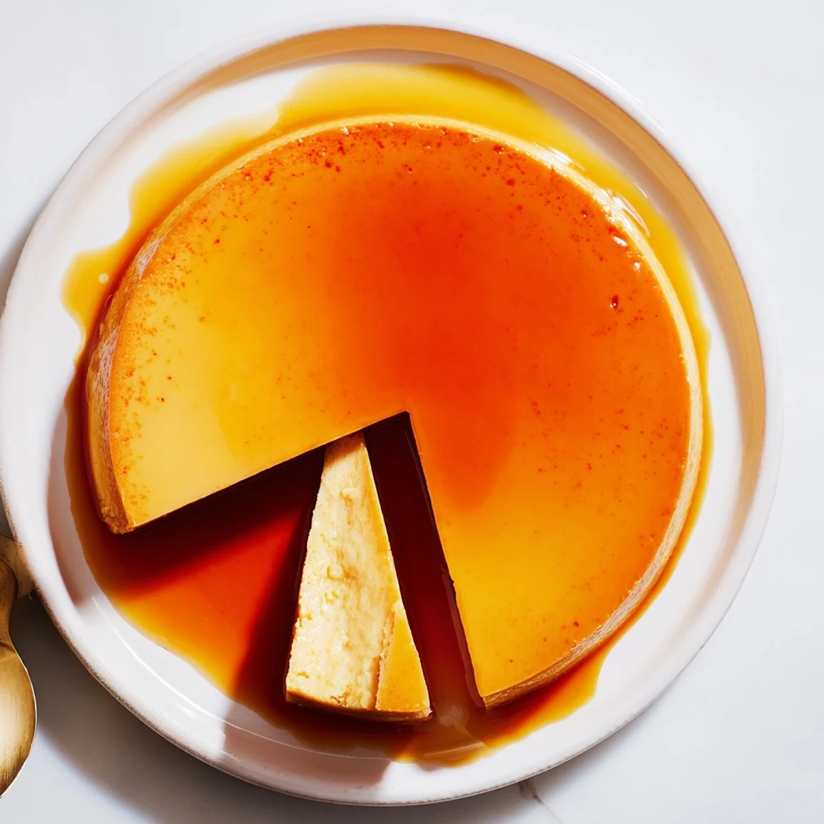 Homemade Flan Napolitano resting in water bath, golden top shimmering