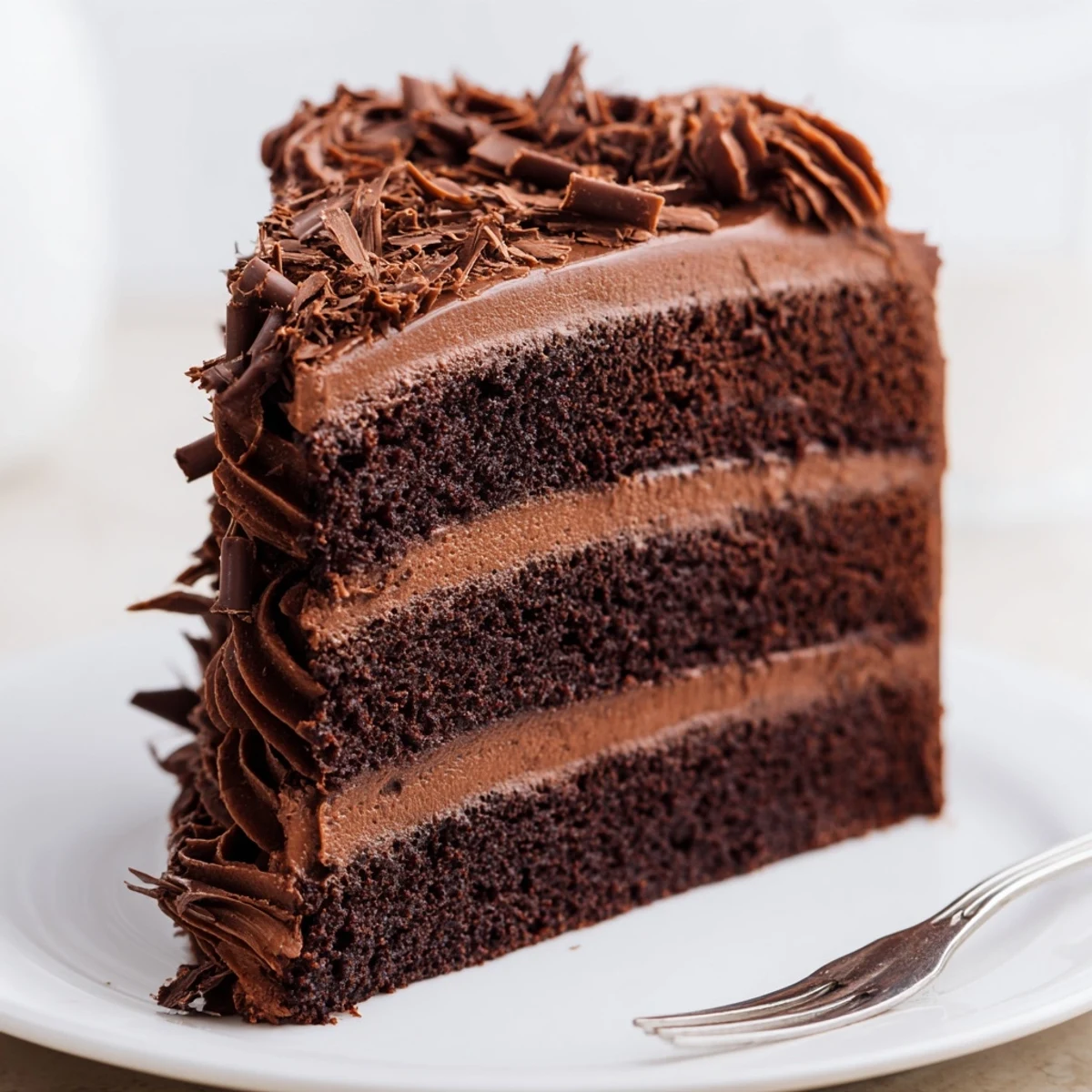 Slice of Chocolate Cake Recipe on plate, tender crumb, cocoa aroma