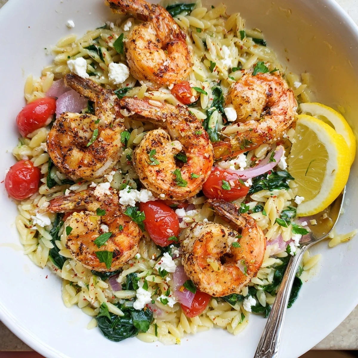 Lemon Feta Orzo Shrimp Recipe: tender shrimp, zesty lemon, creamy feta over orzo