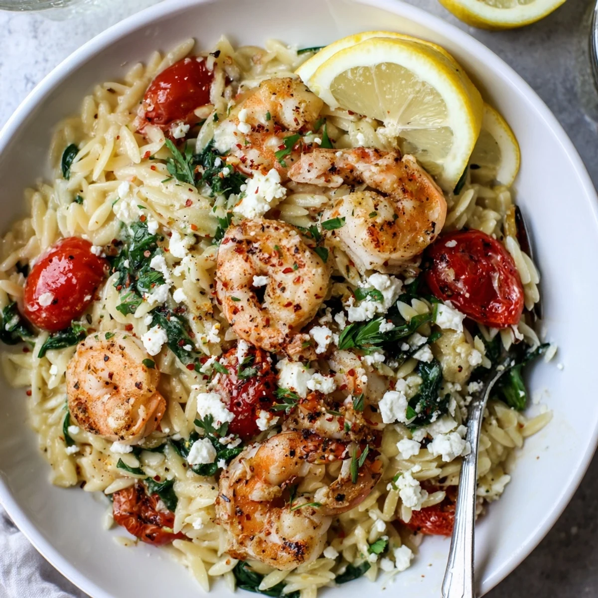 Weeknight Lemon Feta Orzo Shrimp Recipe served hot with parsley and lemon wedges