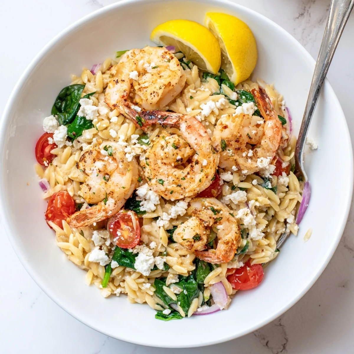 Bright Lemon Feta Orzo Shrimp Recipe with juicy cherry tomatoes and wilted spinach