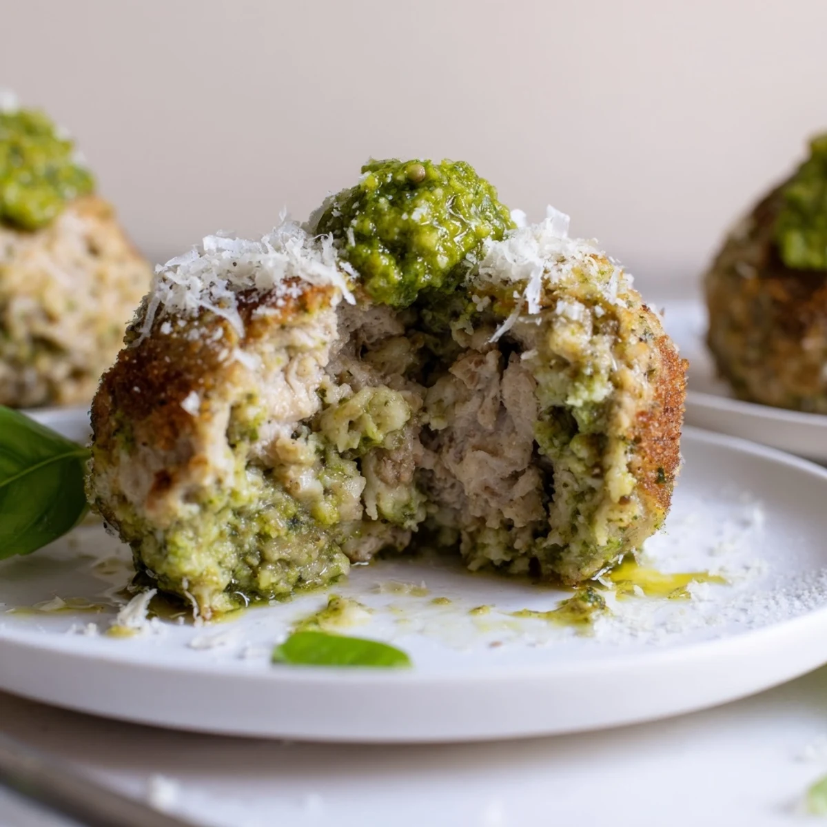 Pesto Baked Turkey Meatballs golden brown and steaming, topped with fresh basil