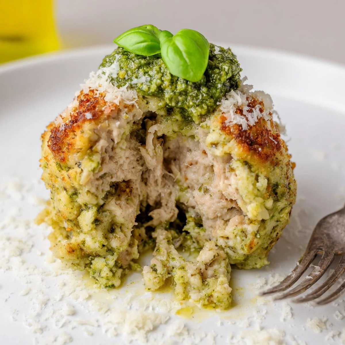 A tray of Pesto Baked Turkey Meatballs nestled on parchment, ready to serve