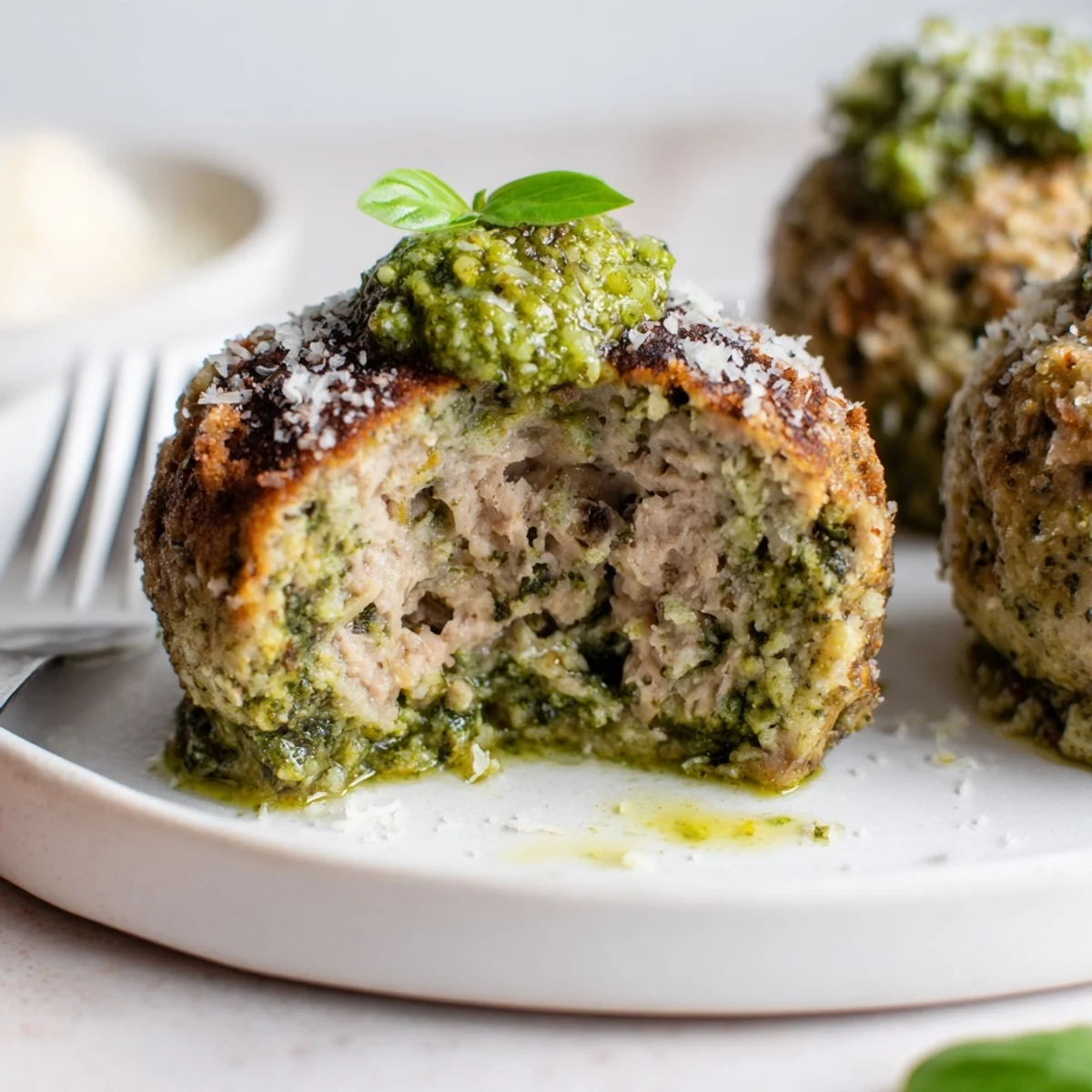 Oven roasted Pesto Baked Turkey Meatballs with melted Parmesan and bright pesto drizzle