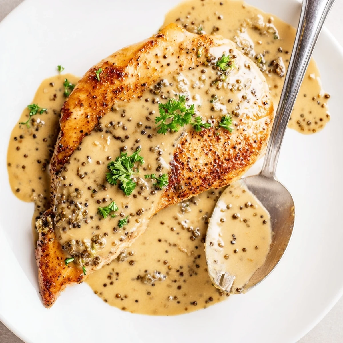 French Mustard Chicken with golden seared breasts in creamy, tangy Dijon sauce