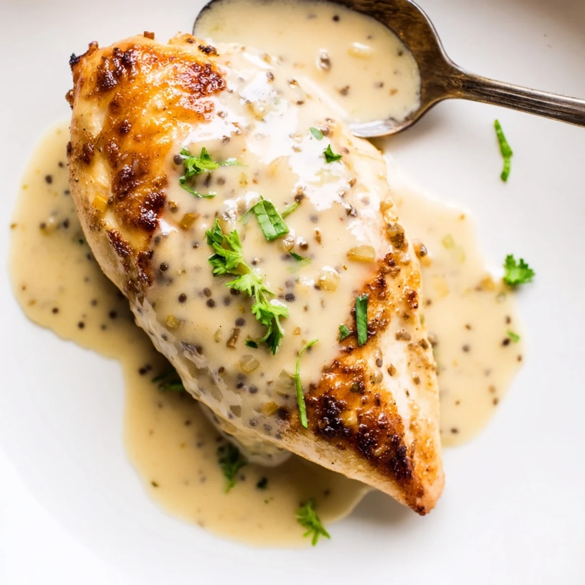 Skillet-simmered French Mustard Chicken spooned over mashed potatoes, herb-scented