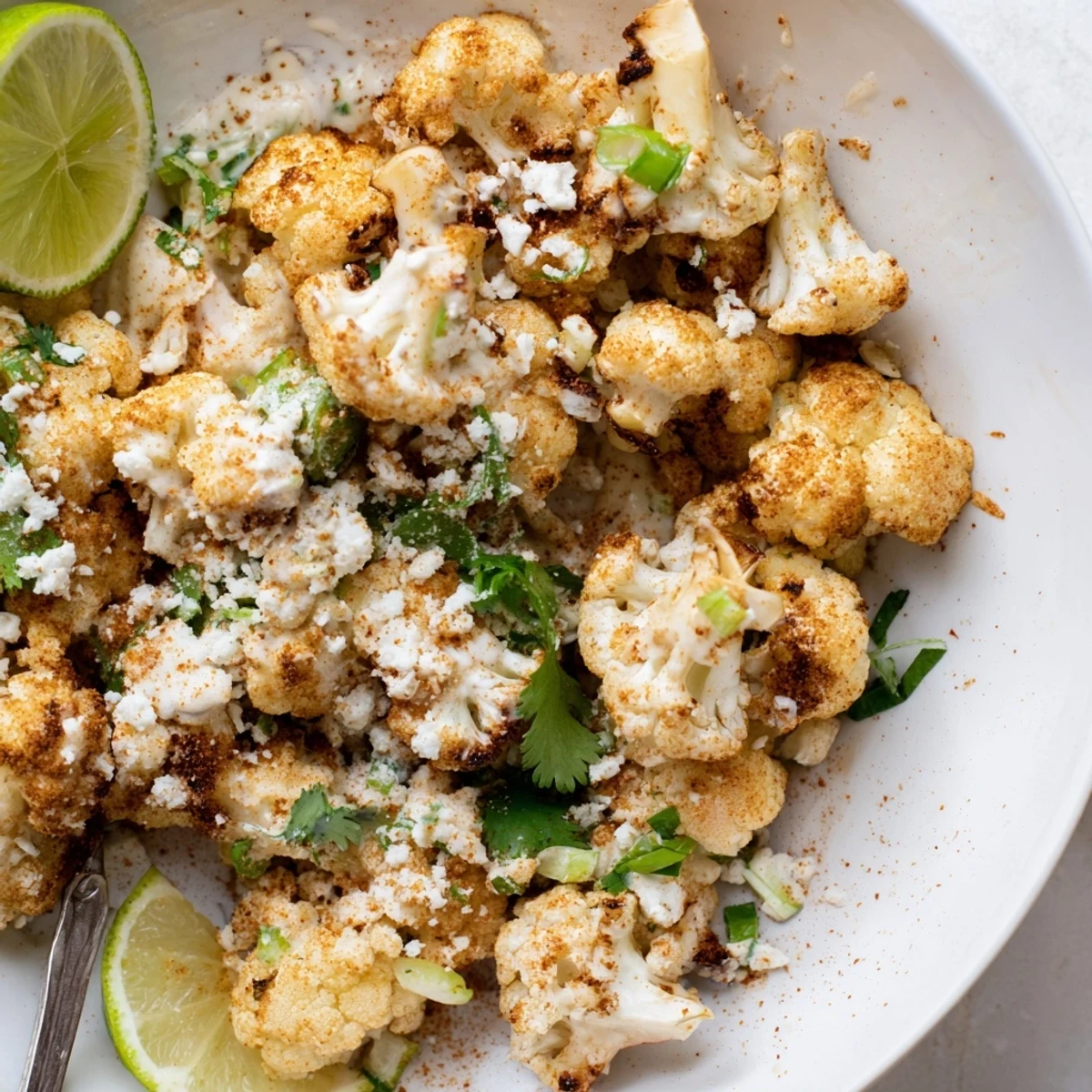 Golden Cauliflower Elote piled on platter, creamy lime dressing and cotija.