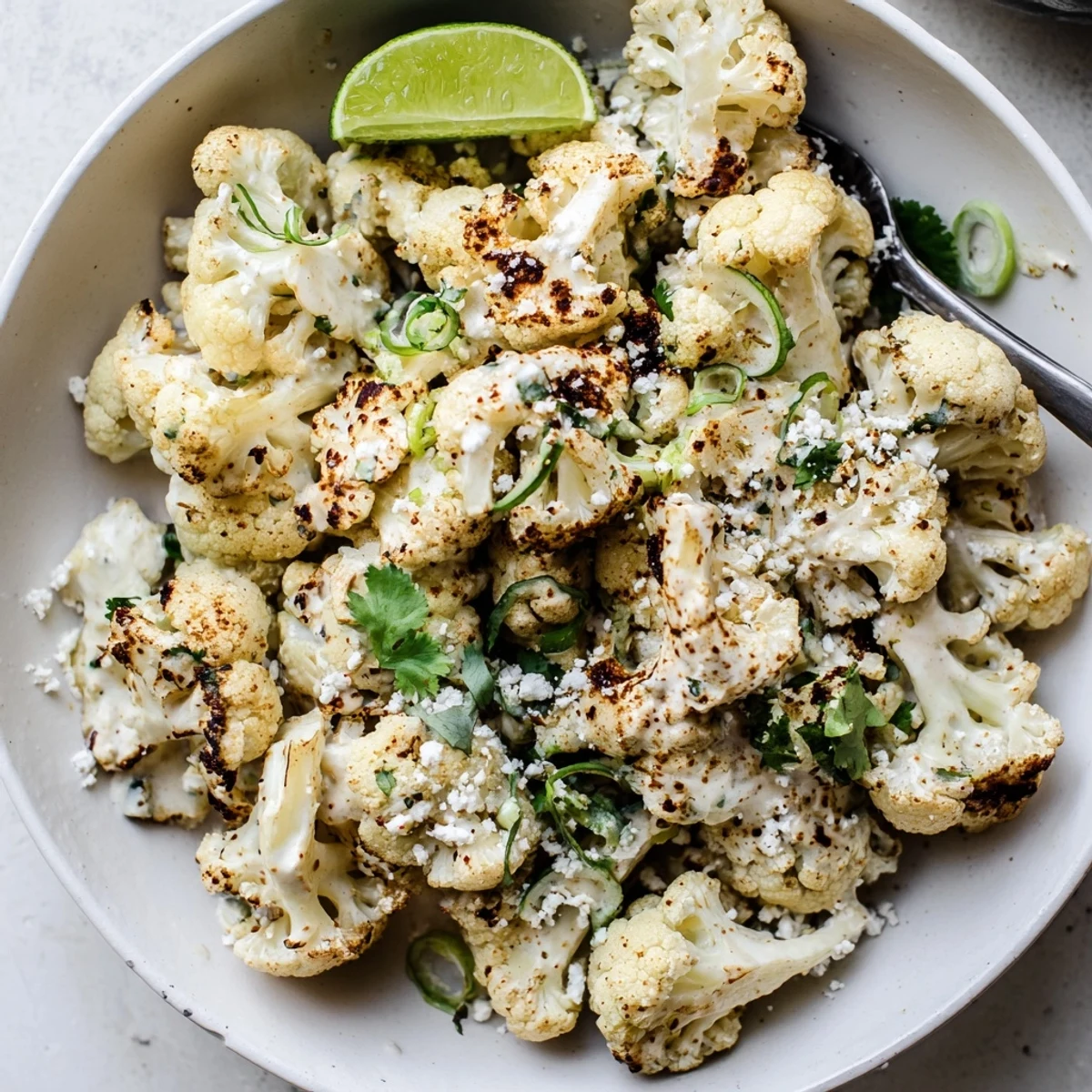 Sheet-pan Cauliflower Elote with smoky chili, crumbled cotija, lime wedges.