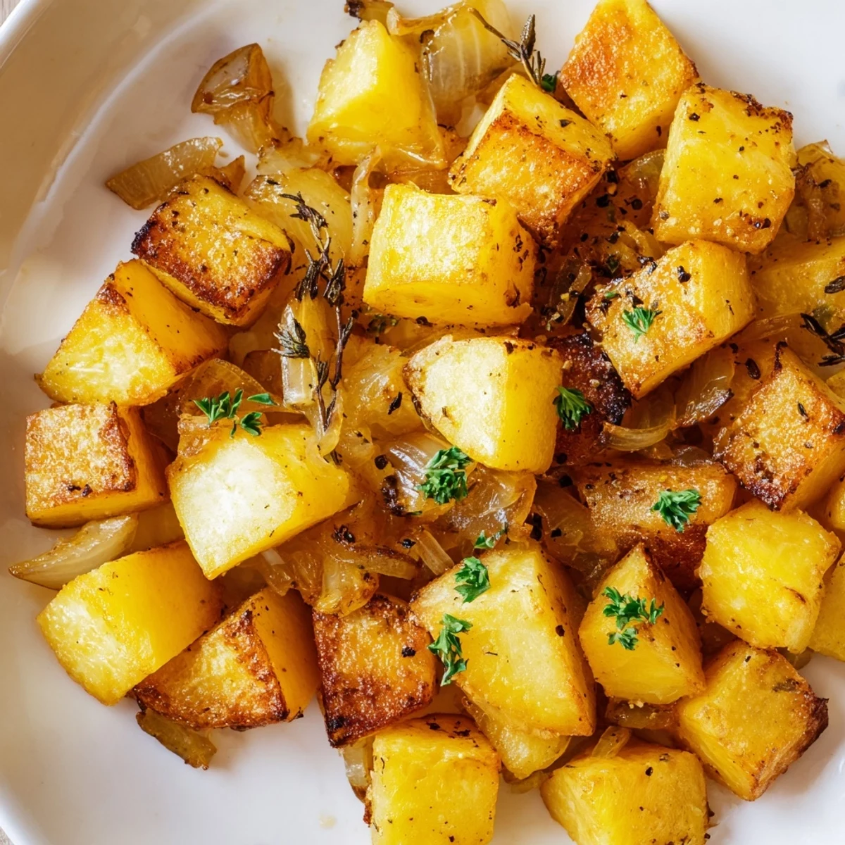 Golden roasted potatoes and onions seasoned with herbs on a rustic baking sheet