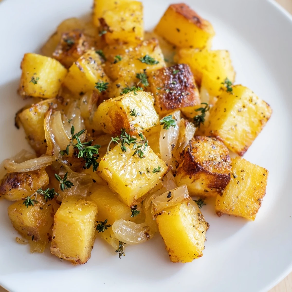 Crispy roasted potatoes and caramelized onions drizzled with olive oil and fresh parsley