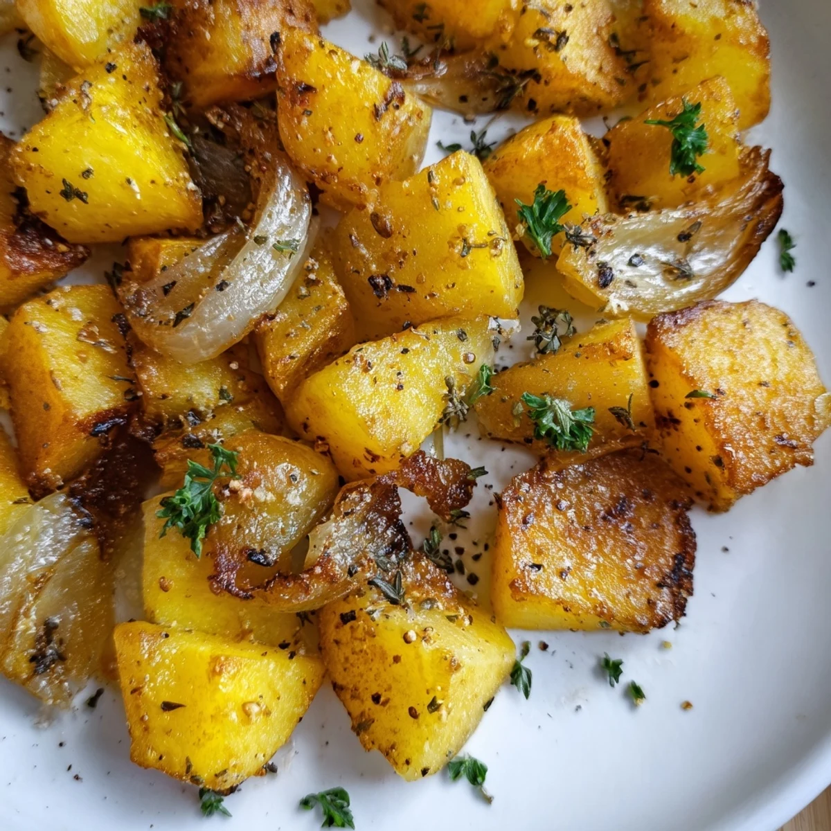 Comforting side dish of roasted potatoes and onions with golden brown edges and tender centers