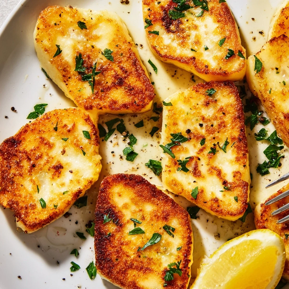Golden pan fried halloumi cheese slices with fresh lemon wedges and chopped parsley garnish
