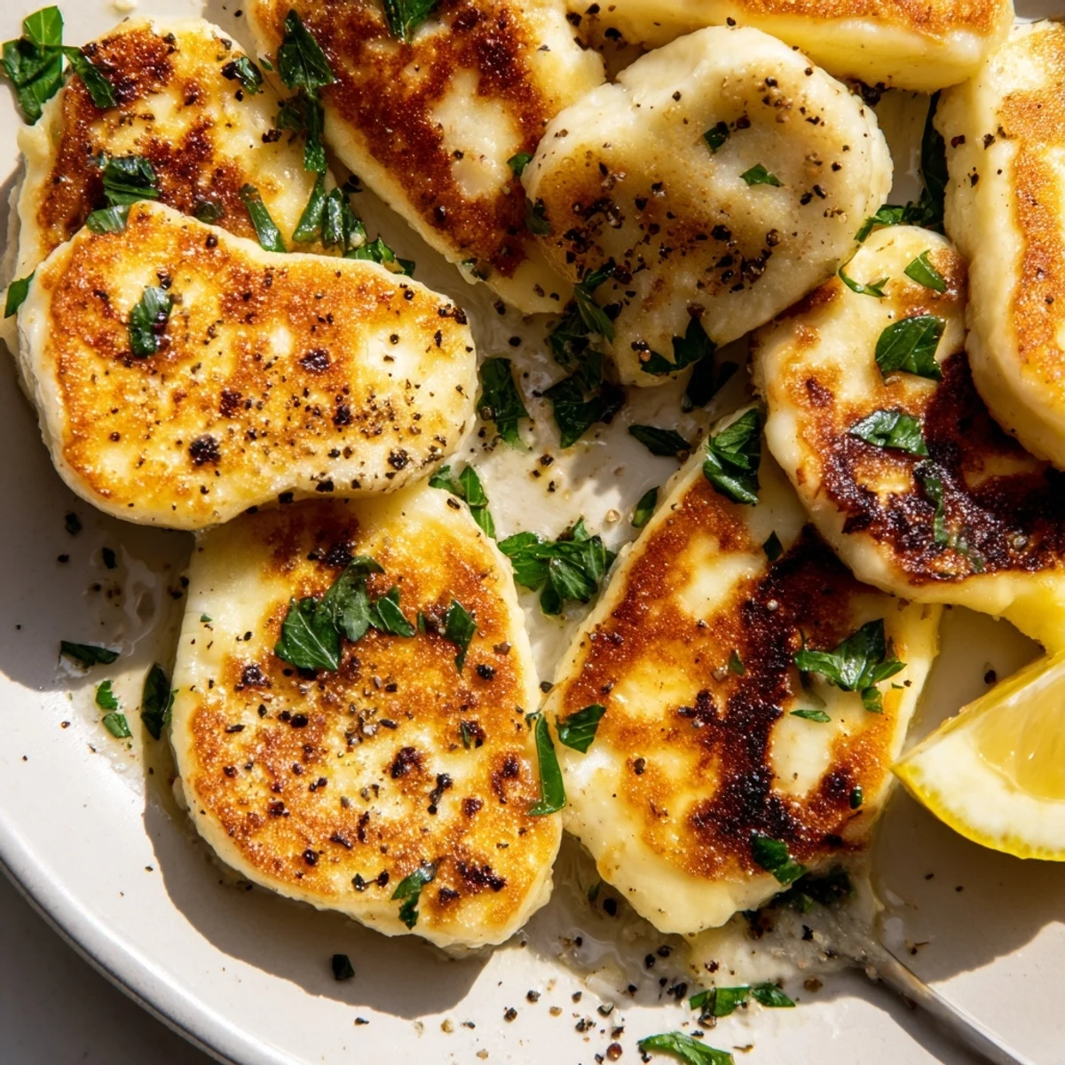Sizzling halloumi cheese frying in skillet with olive oil until golden brown edges form