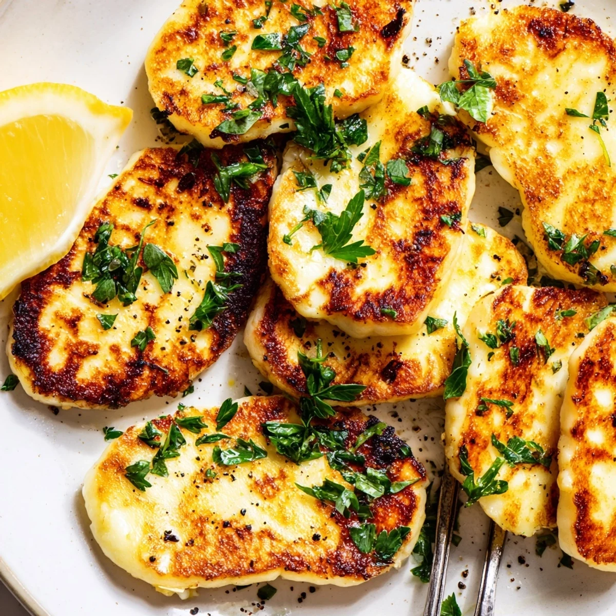 Crispy Mediterranean halloumi appetizer served on white plate with black pepper and herb topping