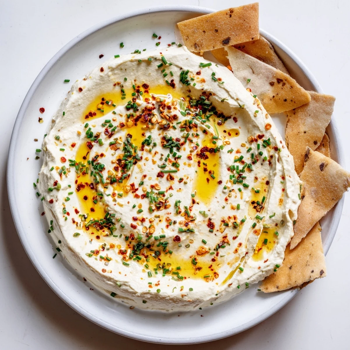 Smooth feta dip spread with spicy sweet honey and black pepper garnish