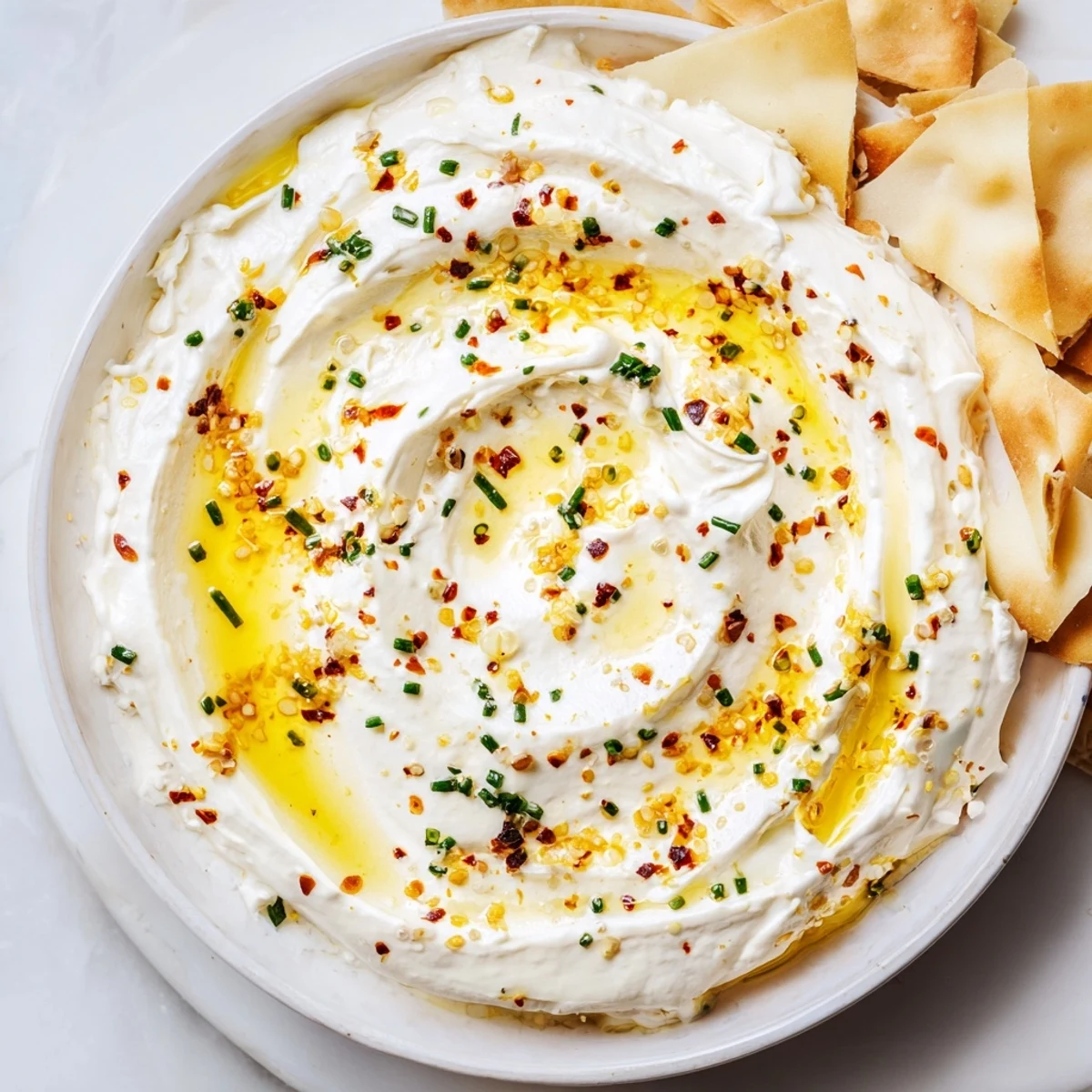 White bowl of Mediterranean whipped feta with red pepper honey glaze