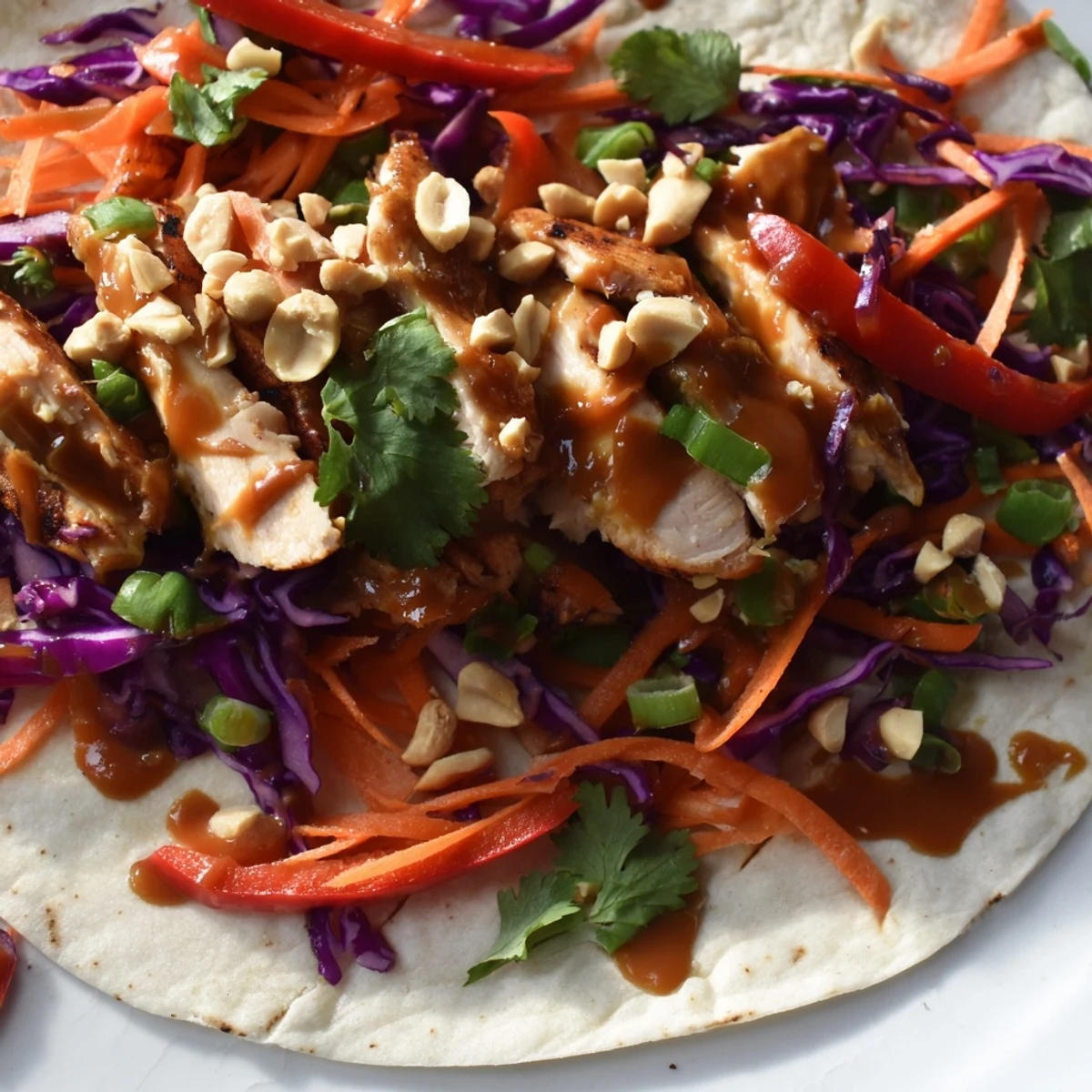Golden sliced chicken wrapped in flour tortillas with colorful shredded vegetables and rich peanut sauce drizzle