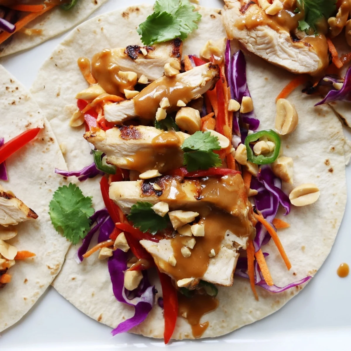 Fresh Thai peanut chicken wraps filled with crisp red cabbage peppers cilantro and tender marinated chicken strips
