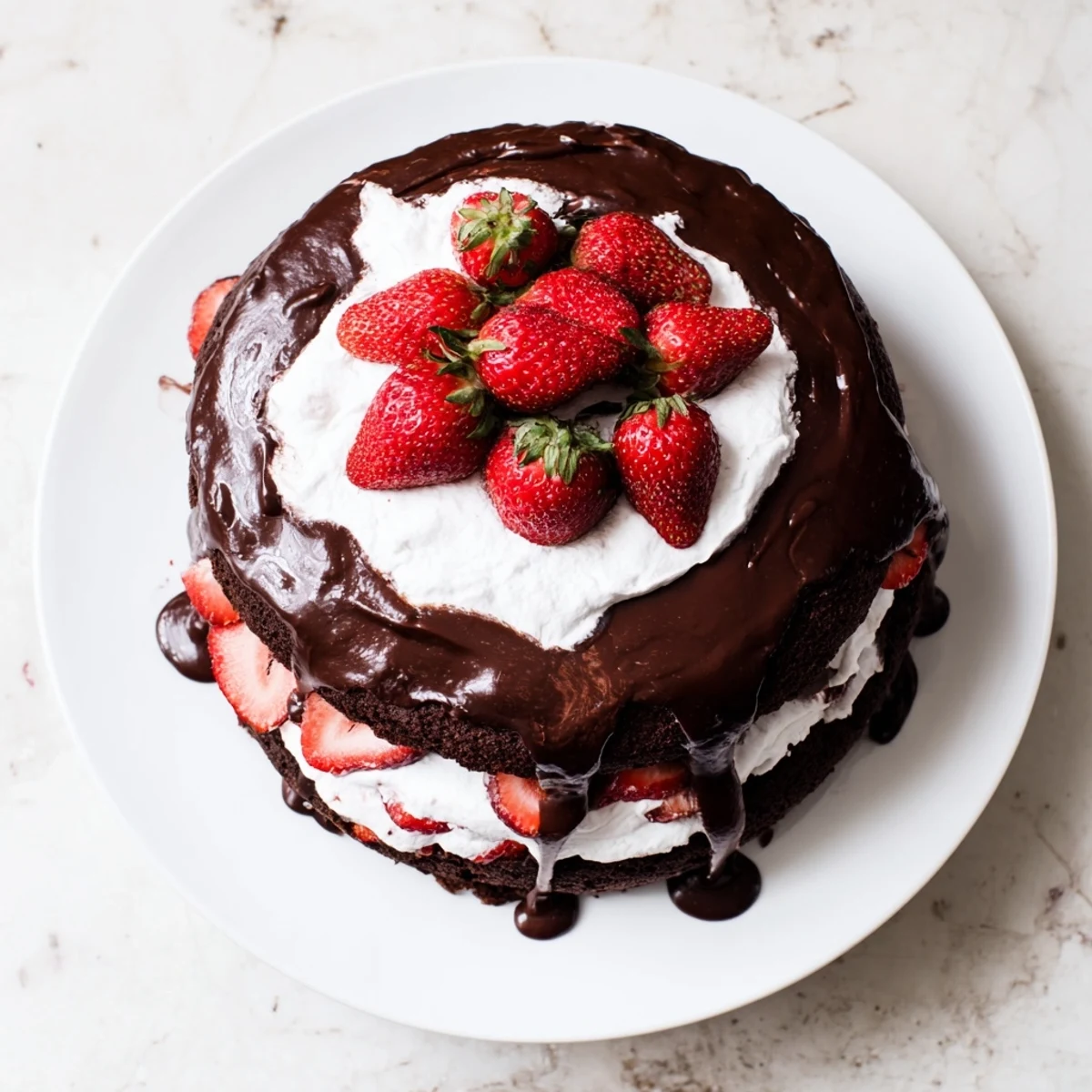 Decadent strawberry chocolate cake recipe with glossy ganache dripping down the sides and fresh strawberry garnish