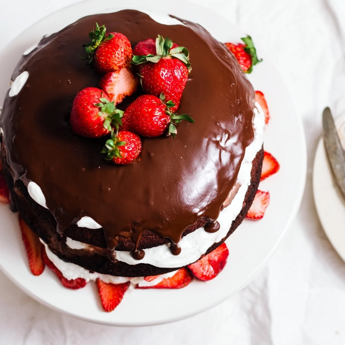 Layered strawberry chocolate cake recipe sliced to reveal whipped cream and fresh strawberry filling between rich chocolate tiers