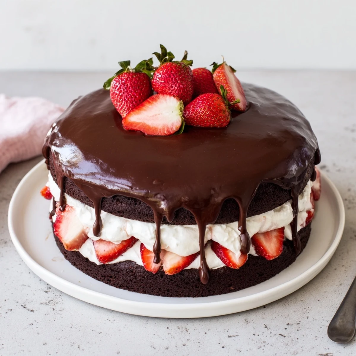 Slice of strawberry chocolate cake recipe on a white plate showing moist chocolate layers with bright strawberry pieces