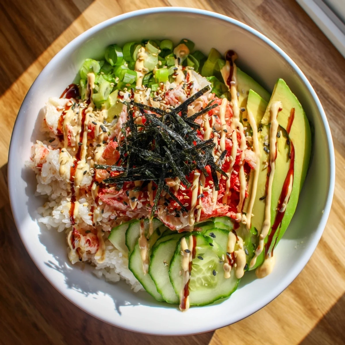Deconstructed California Roll Sushi Bowl with fluffy rice, crab, avocado, cucumber, and spicy mayo drizzle