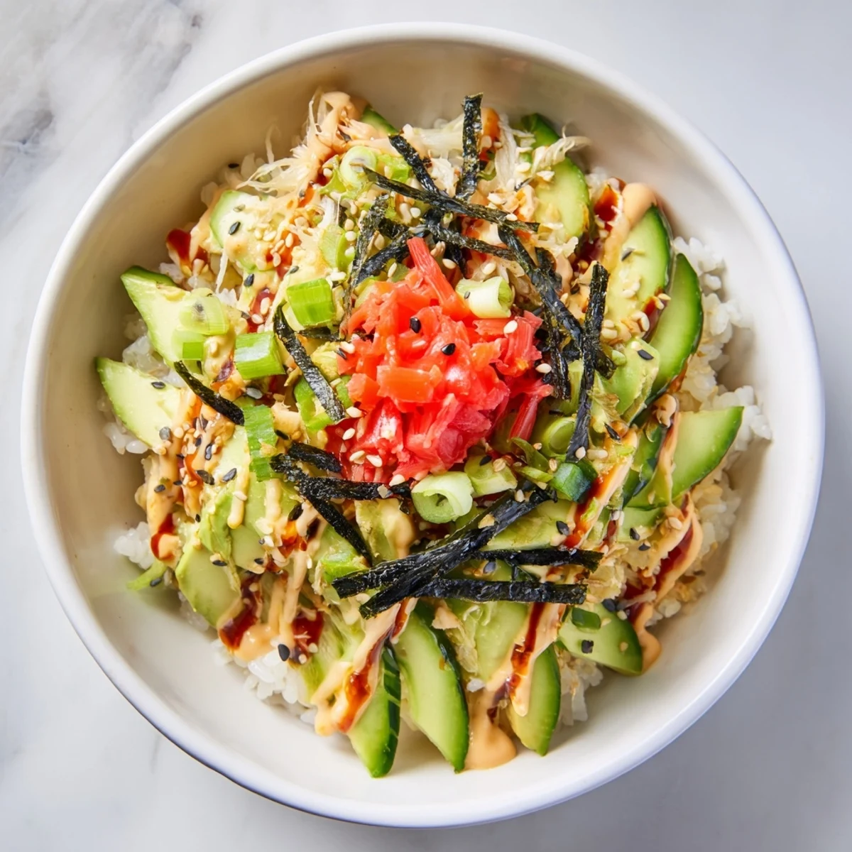 Vibrant California Roll Sushi Bowl topped with shredded crab, fresh avocado, julienned cucumber, and sesame seeds