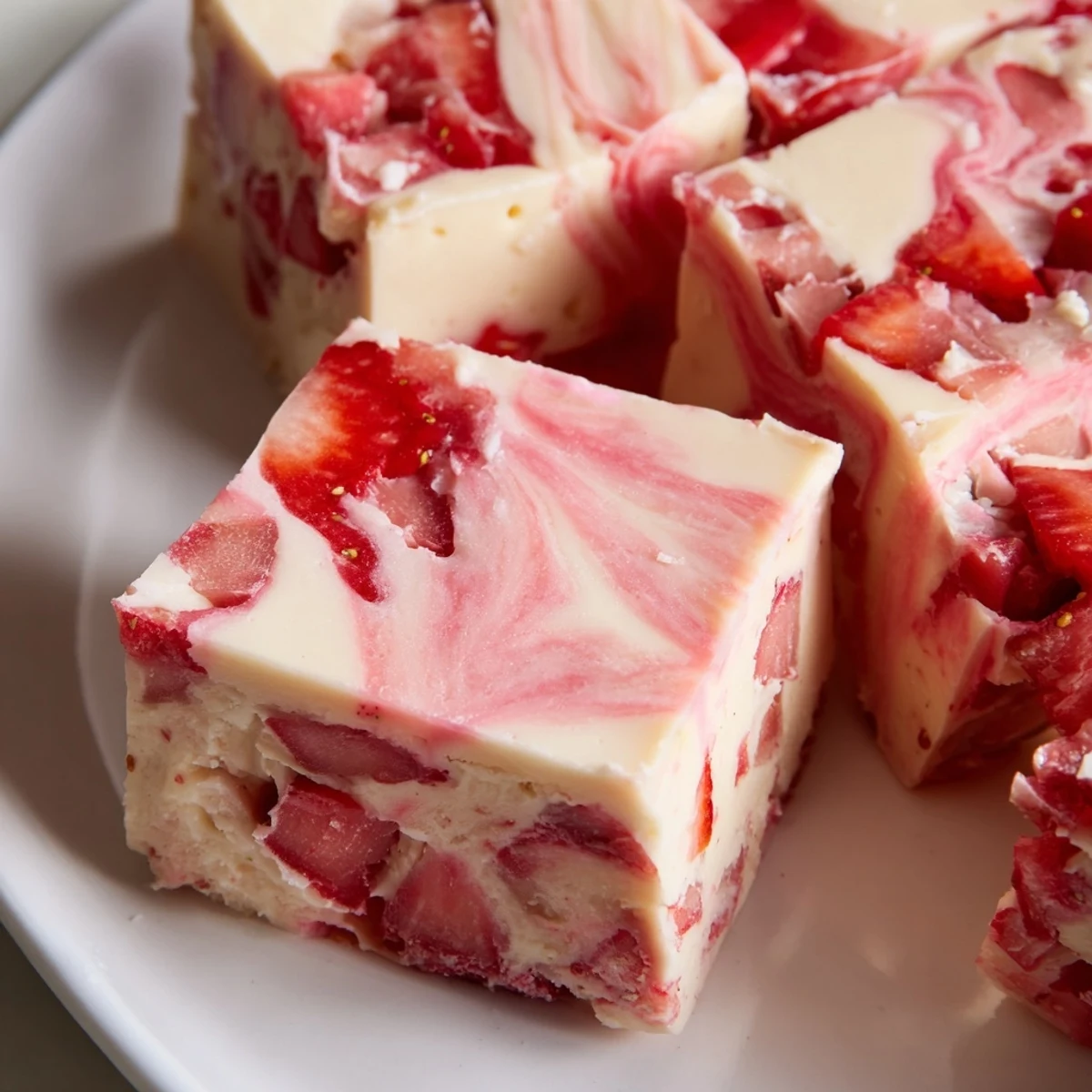 Strawberries Cream Fudge Delight on parchment, marbled pink swirls and glossy white