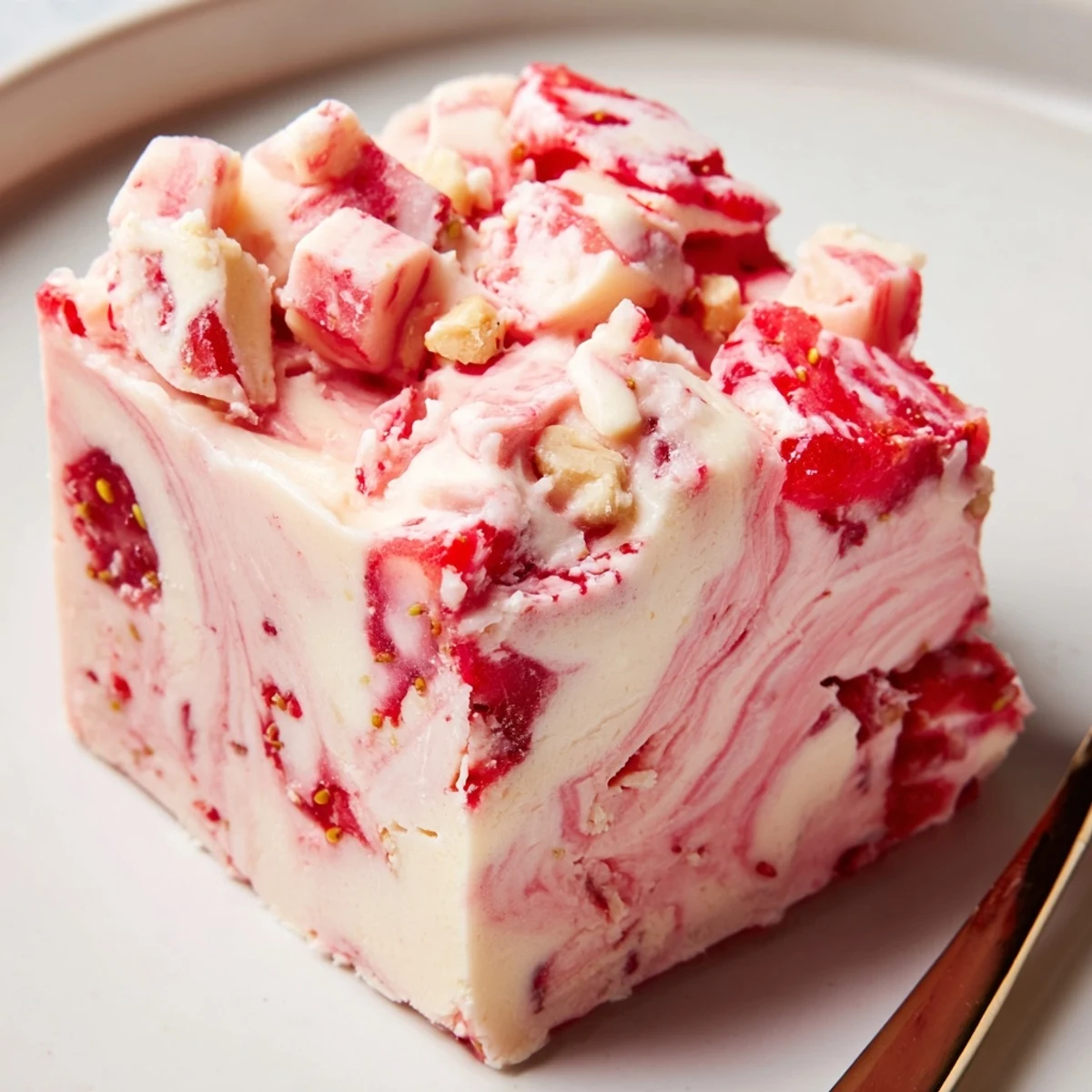 Chilled Strawberries Cream Fudge Delight cut into squares, creamy, fragrant strawberry ribbons