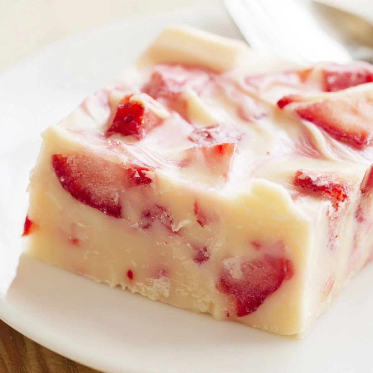 Homemade Strawberries Cream Fudge Delight served on plate, velvety texture and tangy berry notes