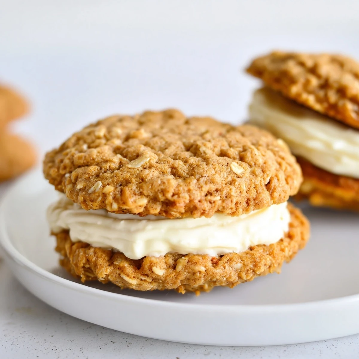 Gluten Free Oatmeal Creme Pies stacked, soft oats and creamy vanilla center