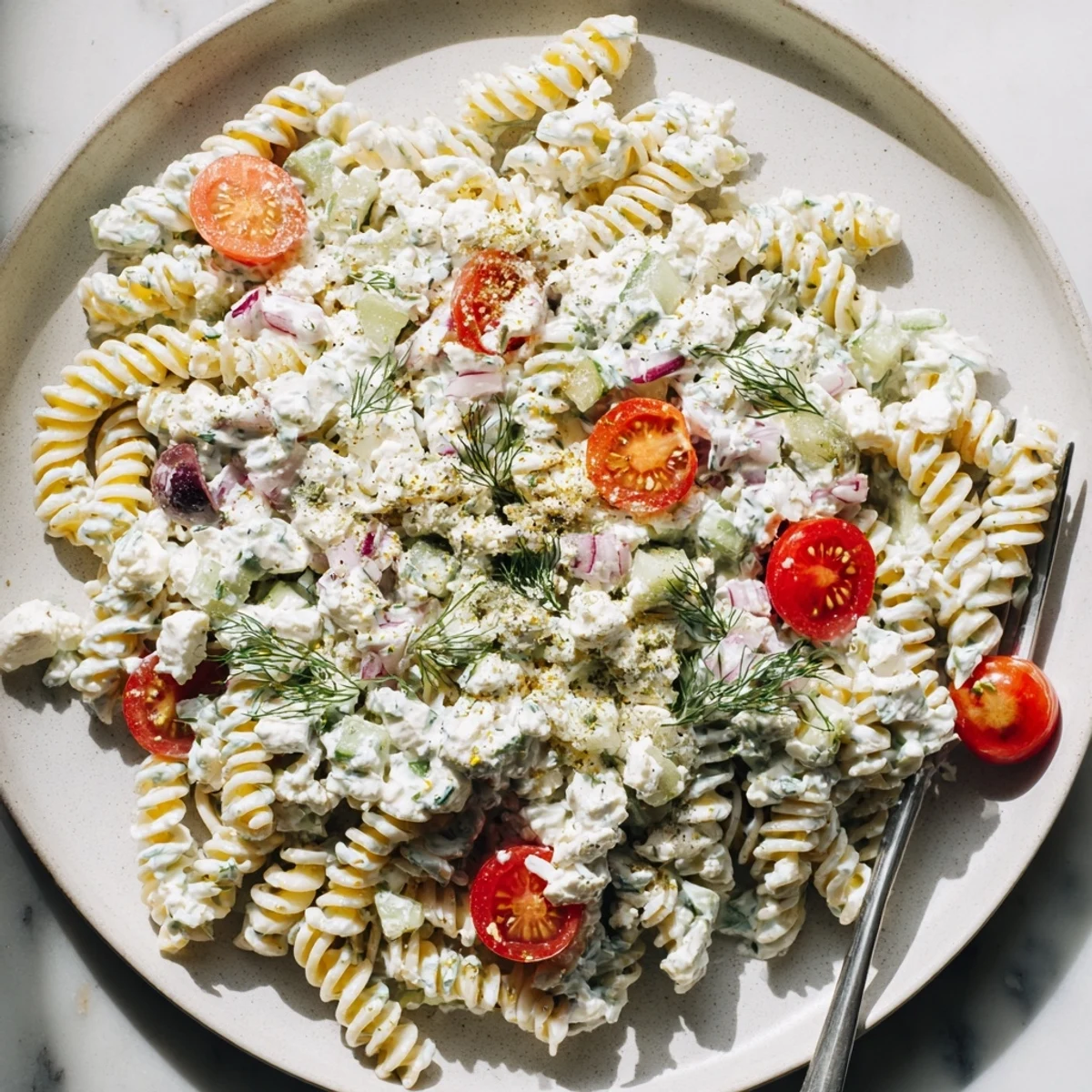 Tzatziki Pasta Salad Mix glistening with olive oil, cool cucumber, creamy yogurt