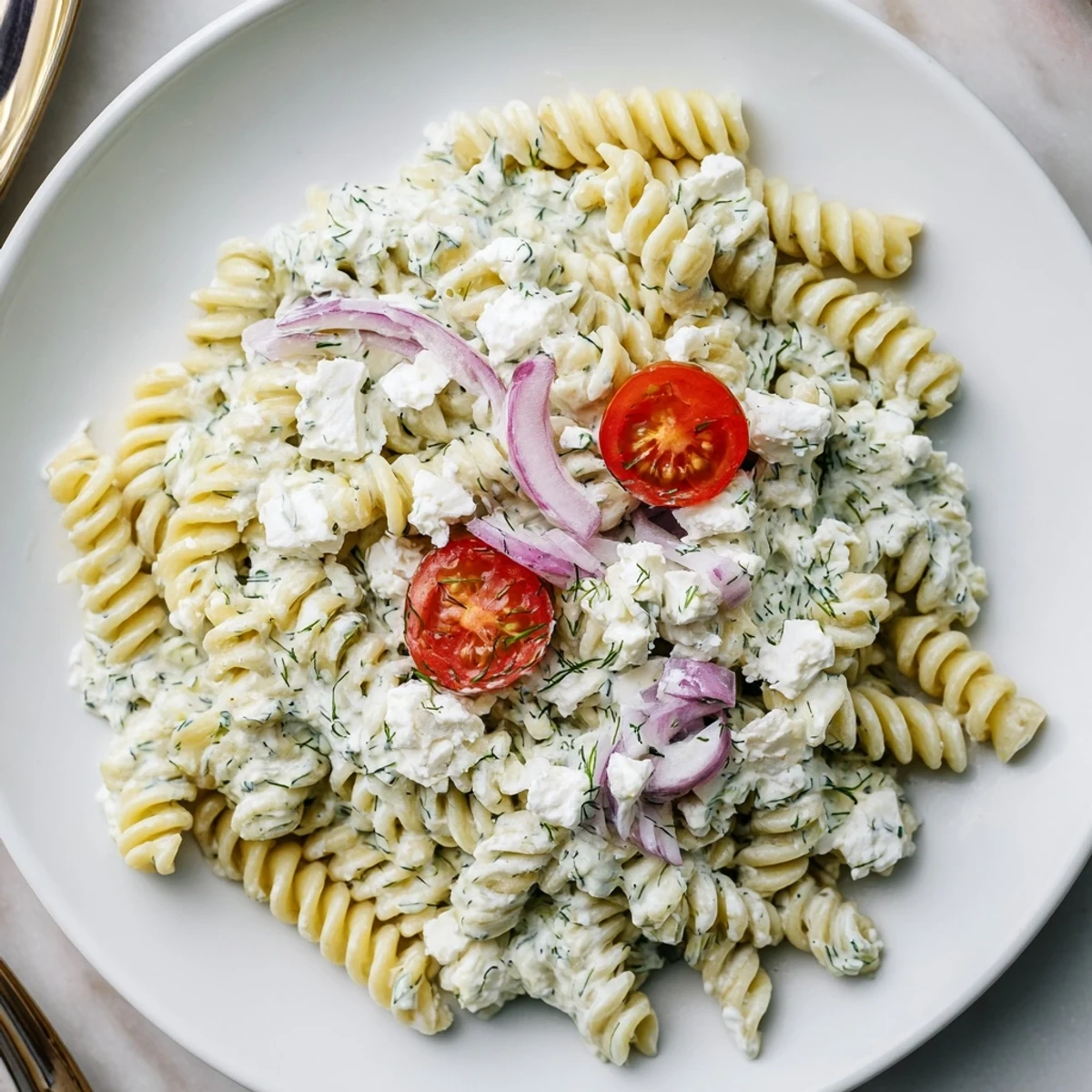 Chilled Tzatziki Pasta Salad Mix tossed with feta, tomatoes, dill, lemon