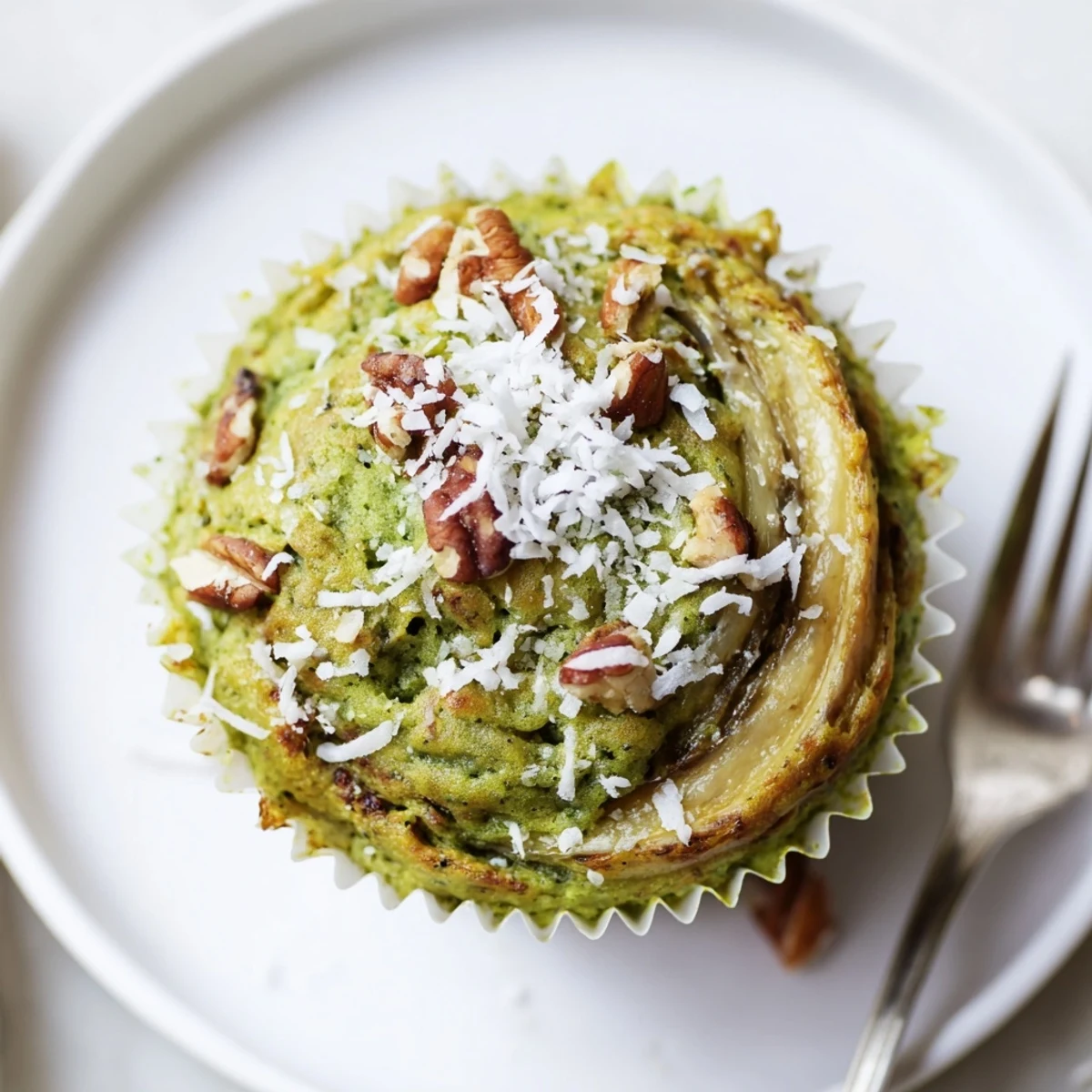 Matcha Banana Coconut Muffins cooling on a rack, warm green aroma, coconut flakes.