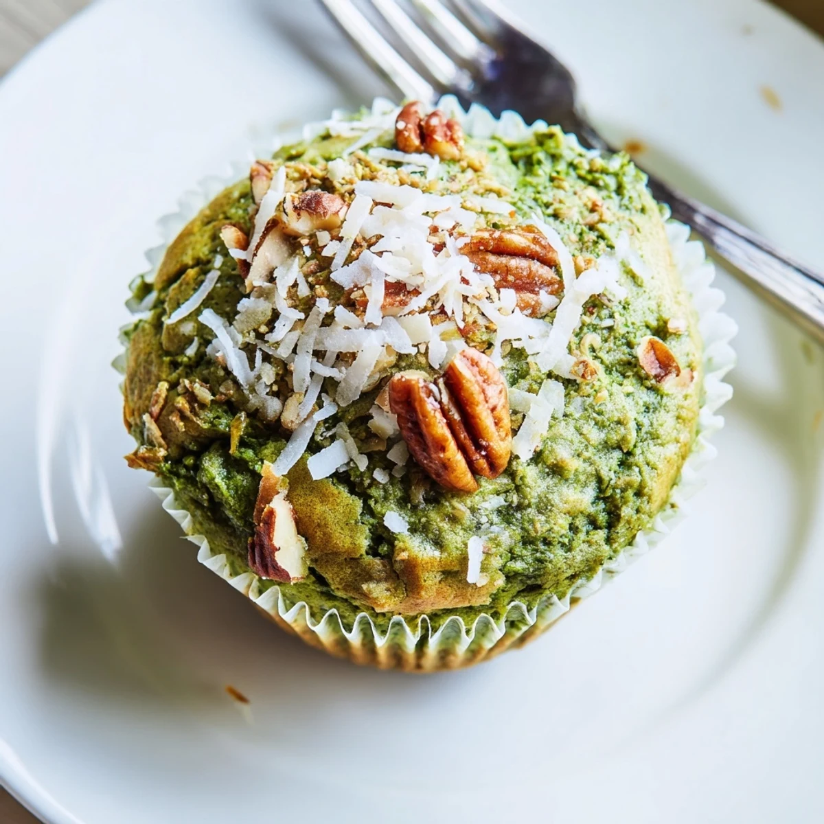 Fresh baked Matcha Banana Coconut Muffins with tender crumb and toasted coconut topping.