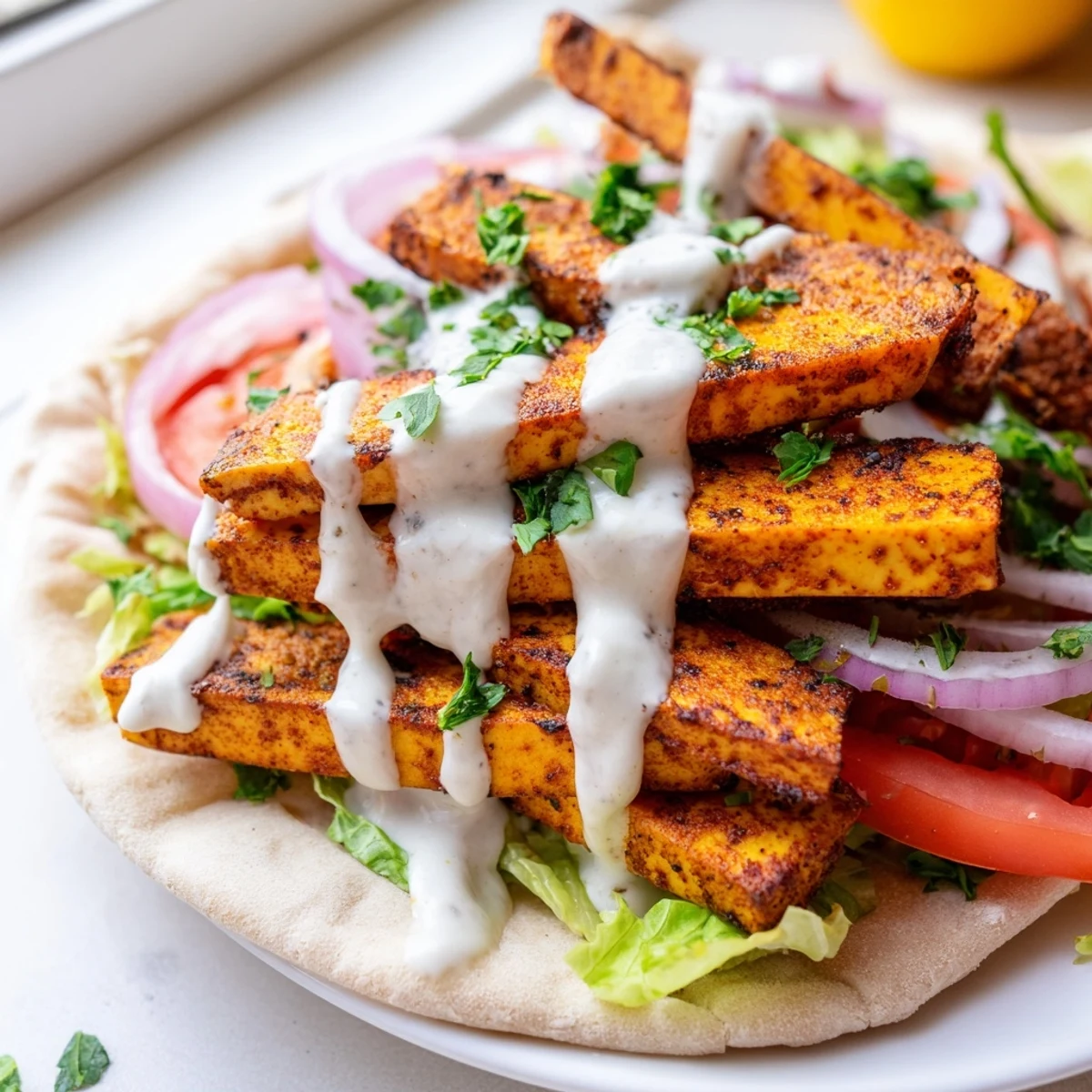 Crispy tofu shawarma strips nestled in warm pita with fresh vegetables and creamy tahini sauce