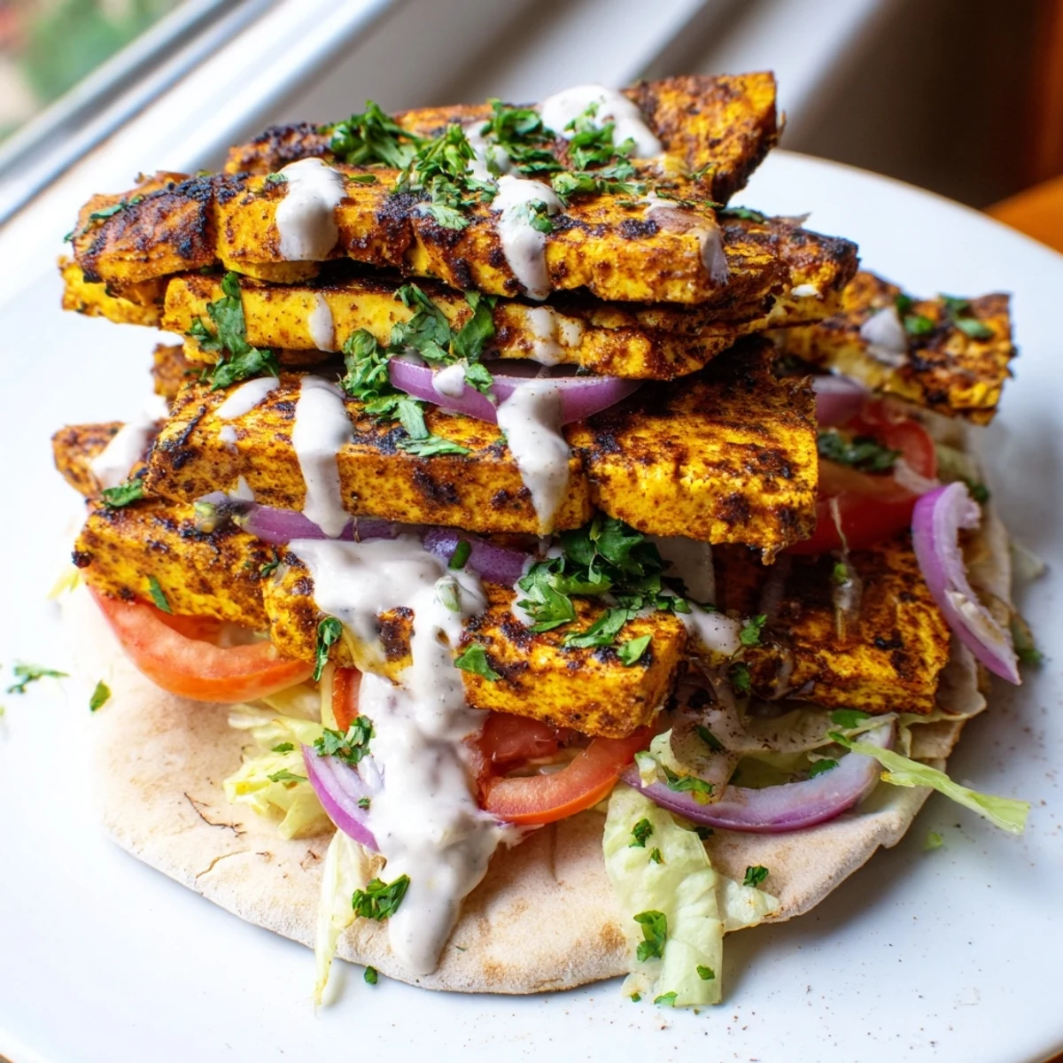 Vibrant tofu shawarma plated alongside sliced tomatoes red onions and chopped parsley on warm pita