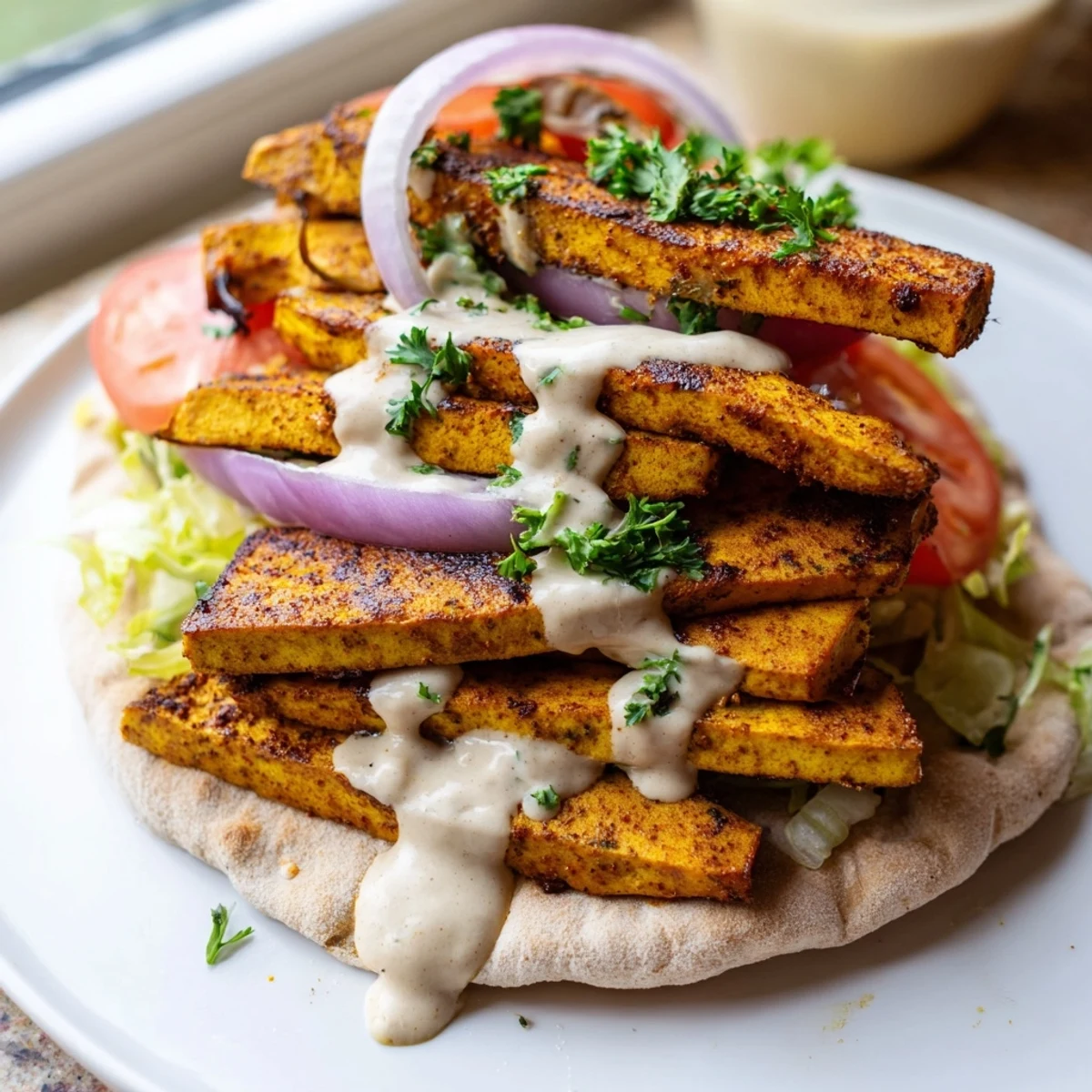 Golden spiced tofu shawarma served in a soft flatbread wrap drizzled with vegan yogurt