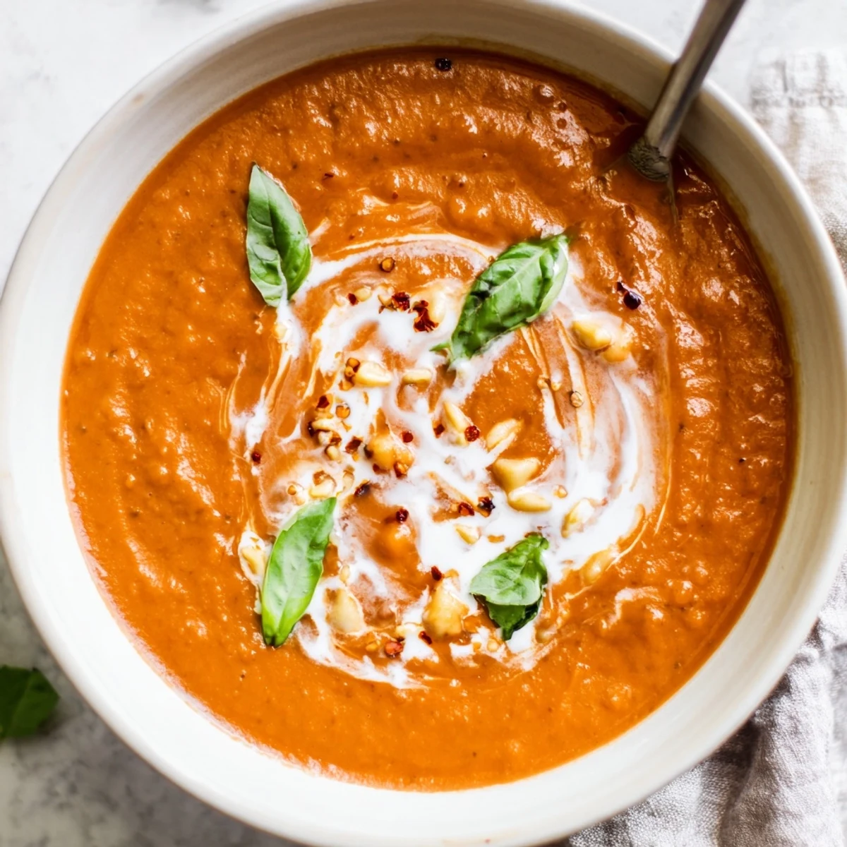 Creamy high protein tomato soup in a rustic bowl topped with fresh basil leaves