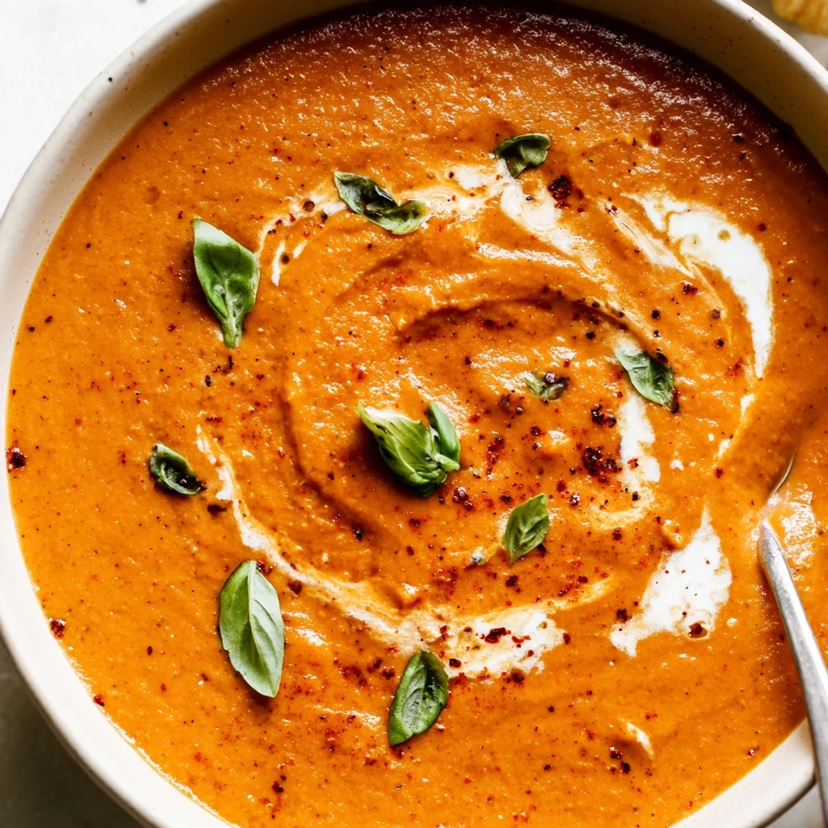 Vibrant red high protein tomato soup swirled with Greek yogurt and garnished beautifully