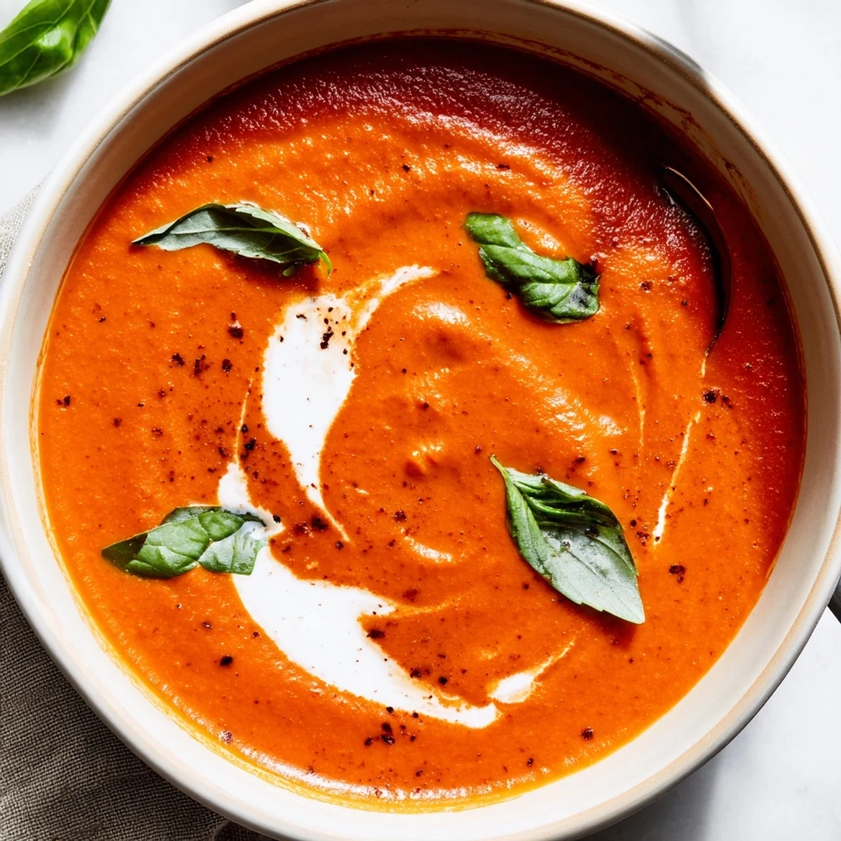 Steaming bowl of high protein tomato soup served with crusty bread for dipping