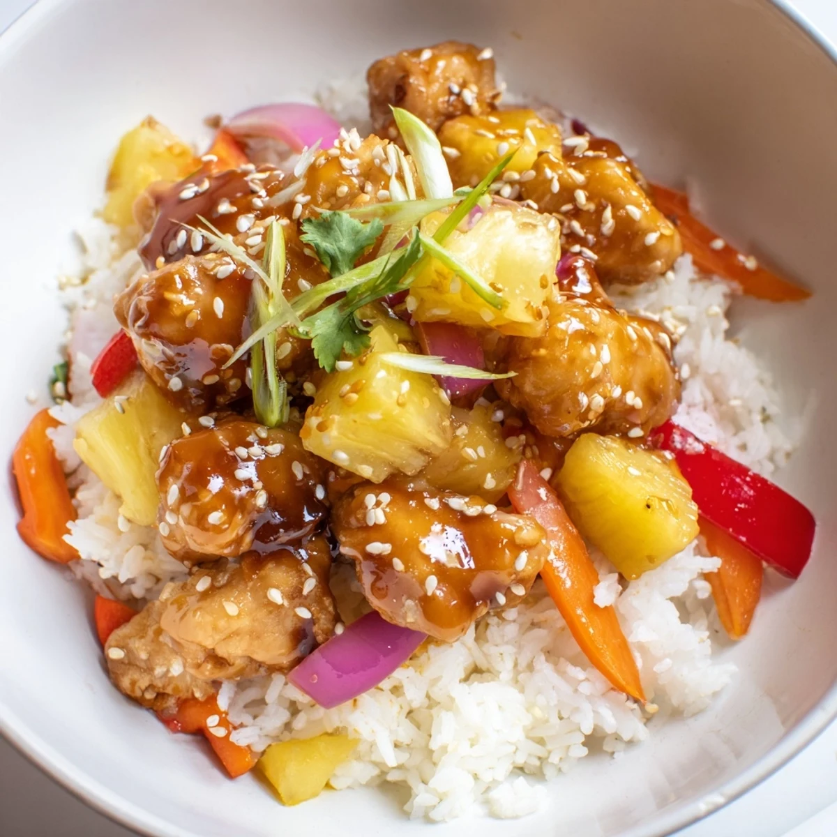 Golden pineapple chicken rice bowl topped with sesame seeds and fresh cilantro