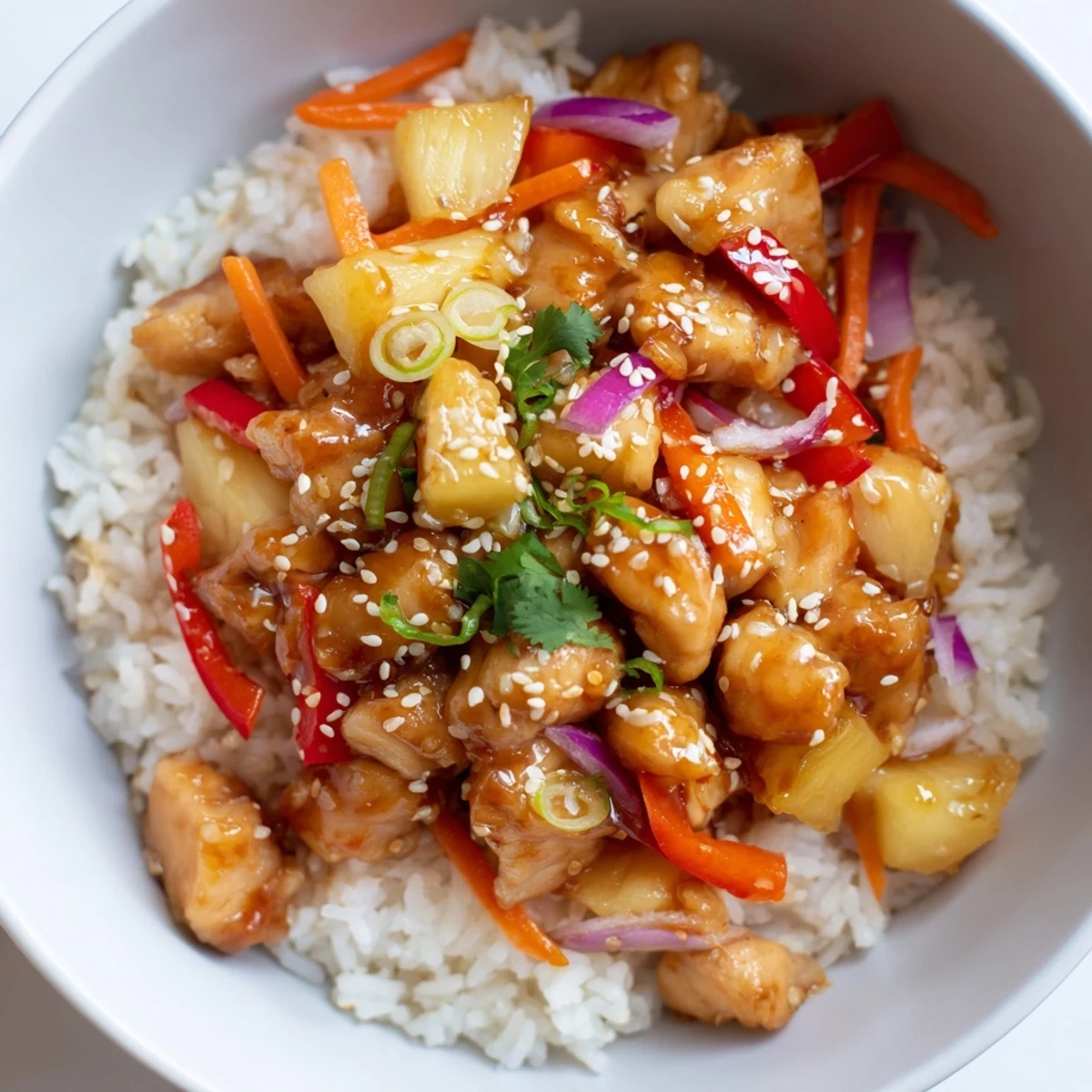 Sweet and savory pineapple chicken rice bowl served over steamed jasmine rice