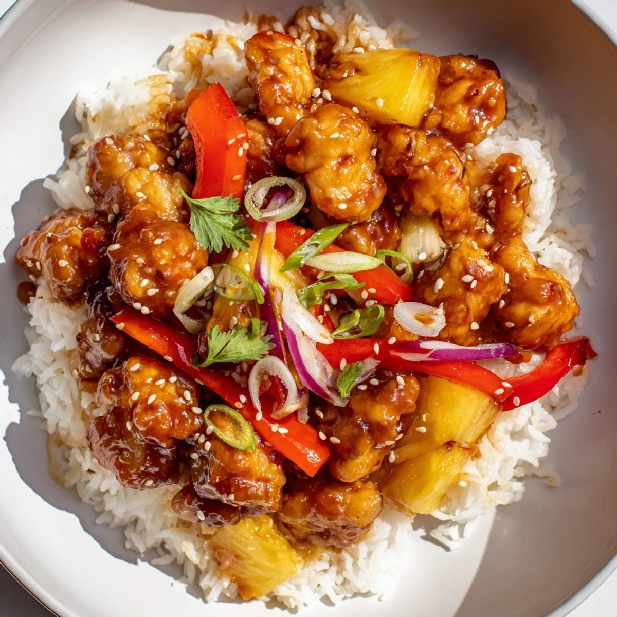 Juicy pineapple chicken rice bowl with colorful bell peppers and julienned carrots