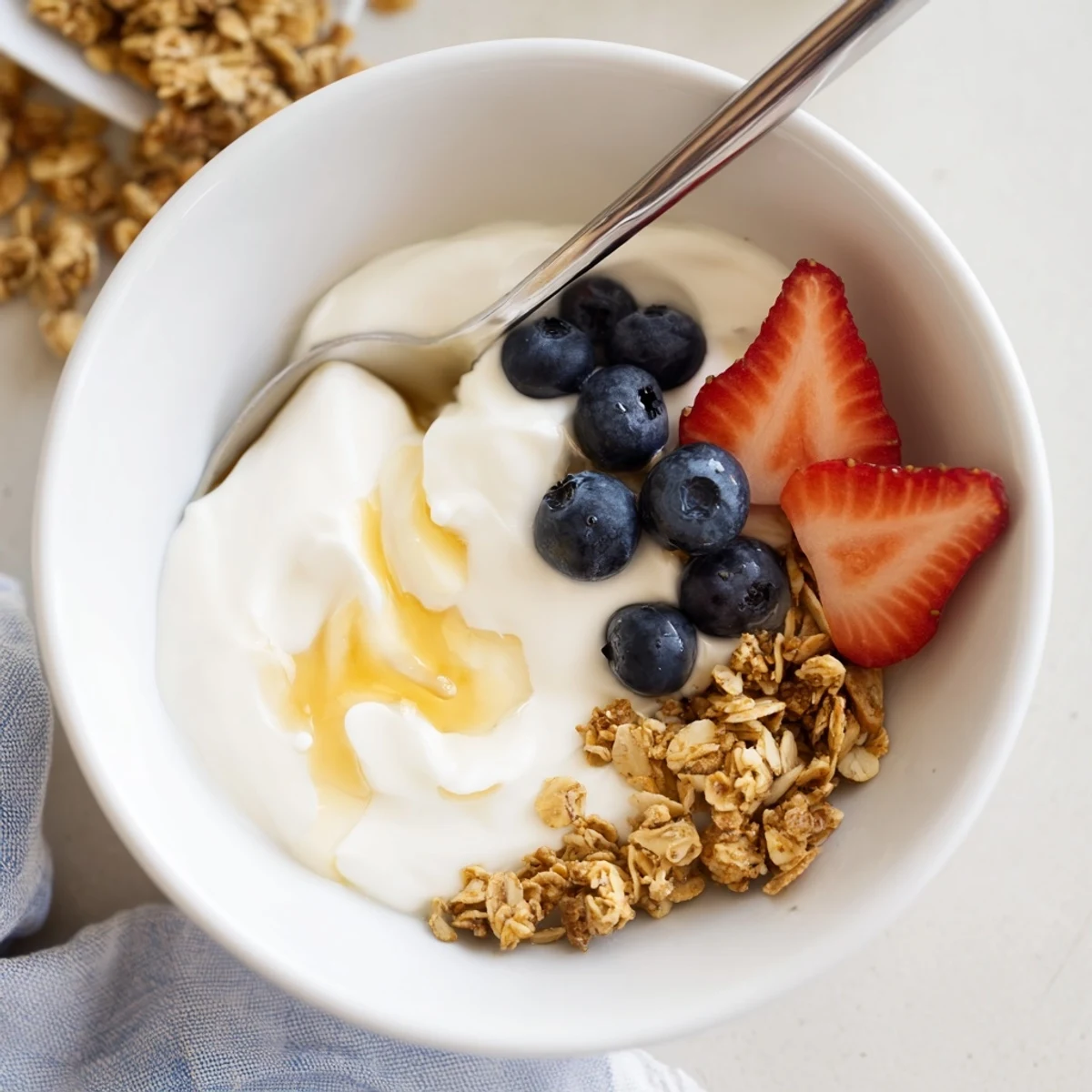 Smooth tangy homemade yogurt swirled with golden honey in a white bowl