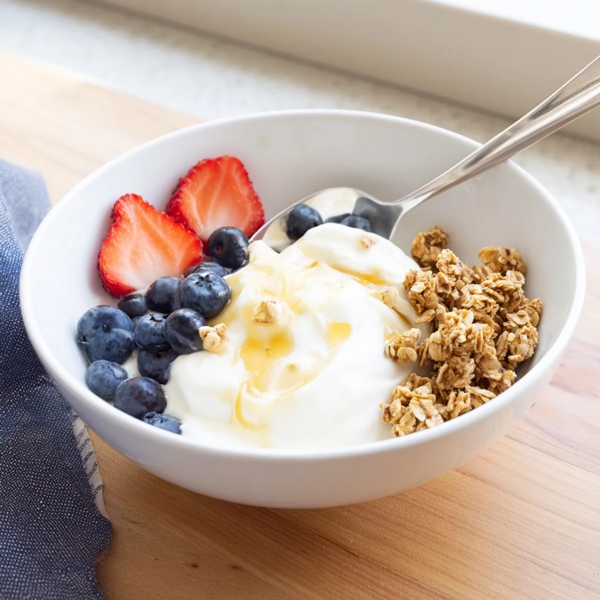 Velvety homemade yogurt garnished with granola and sliced fruit for a healthy breakfast